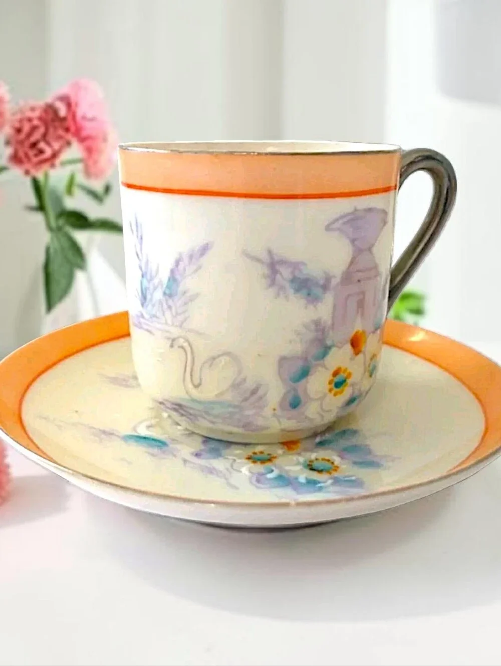 Lustreware Demitasse Espresso‎ Cup Saucer Hotta Yu Shoten Moriage Swans Floral.